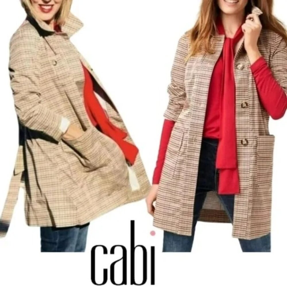 CABI Sherlock Houndstooth Plaid Trench Coat Sz M #3734 NWOT
